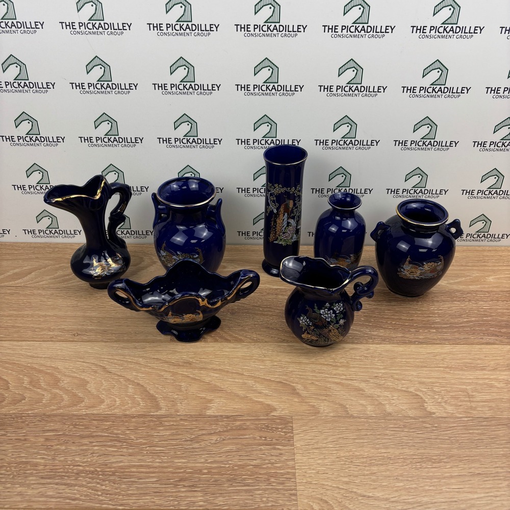 7pc Cobalt Blue Peacock Porcelain Vase Set Trim Made in Japan Decor
